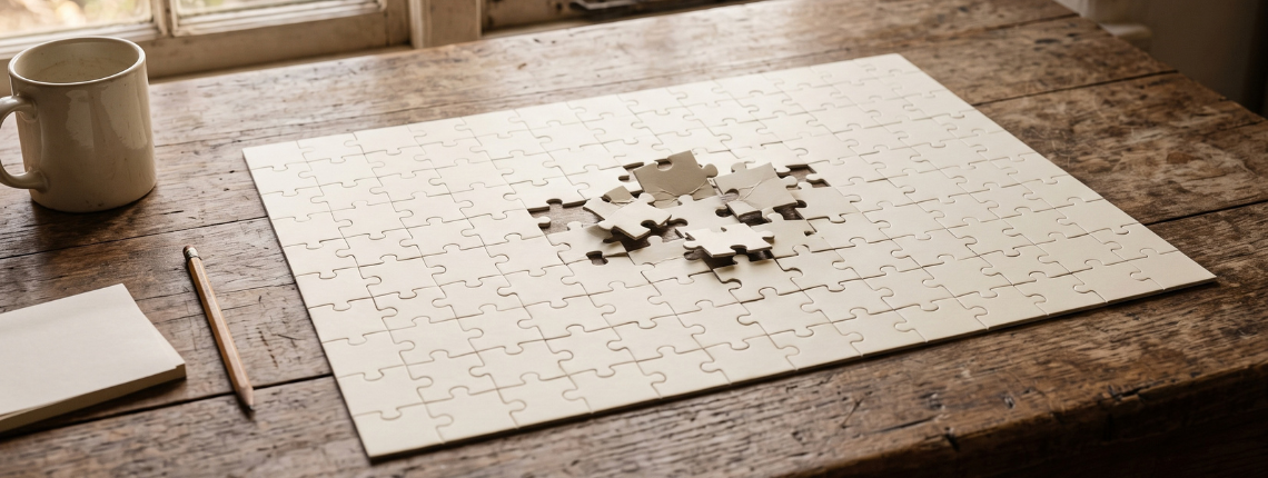 A completed plain jigsaw puzzle on a desk, with a few pieces forced into place where they don't fit.