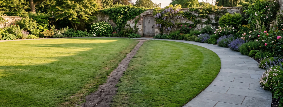 A neat stone garden path curving around a lawn, with a worn dirt track cutting straight across the grass to the same door.