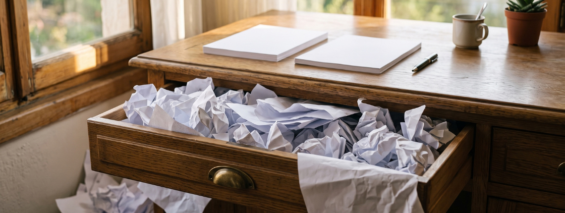 A neat, orderly desktop above a half-open drawer crammed with crumpled papers.