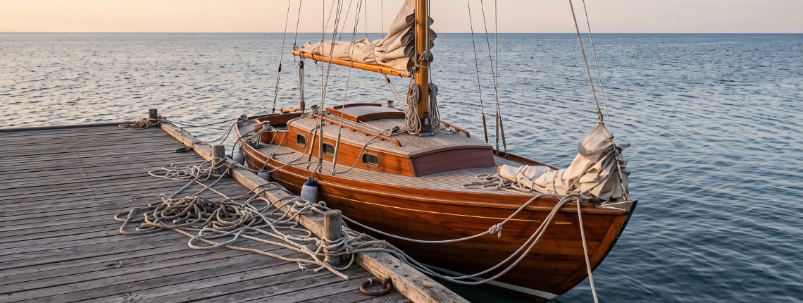 A sleek sailboat at a dock, held by far too many ropes, with open water beyond it.