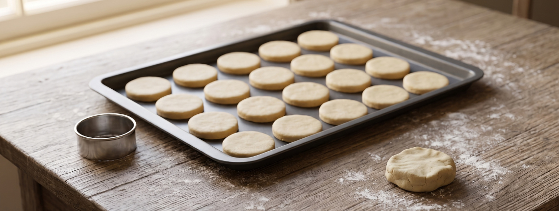 A tray of identical round biscuits beside a cookie cutter, with one differently shaped biscuit set apart on the table.