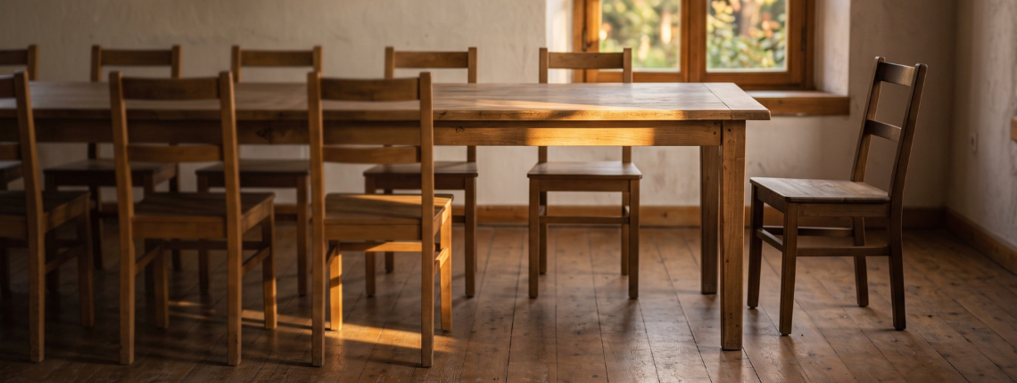An empty meeting room where the head chair has been pushed aside, and sunlight falls on the chair beside it.
