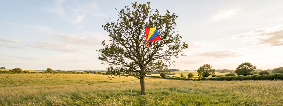 A kite tangled in a tree, its slack string running down to an abandoned spool in the grass.