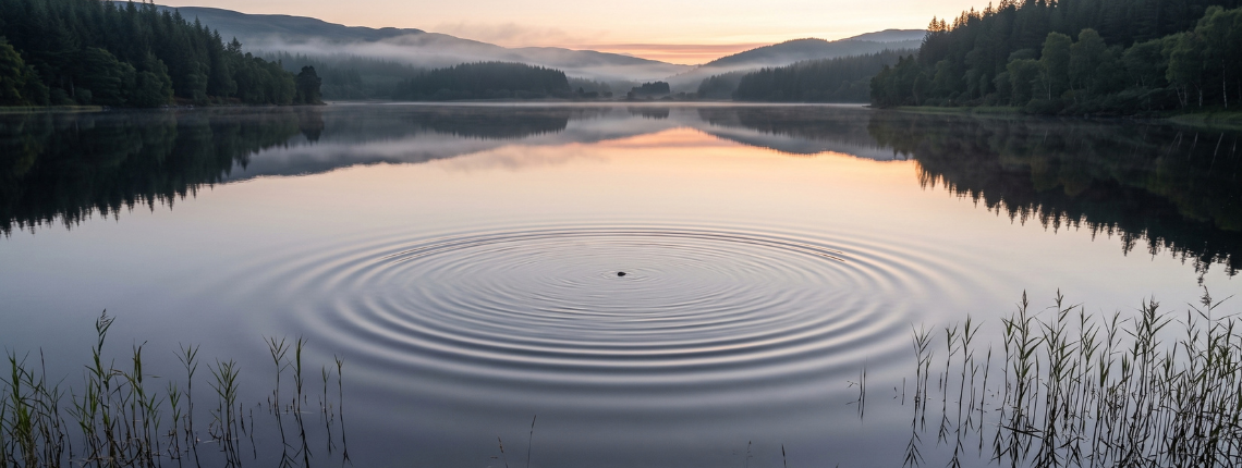 Wide ripples spreading across a still, misty lake from a single small point at dawn.