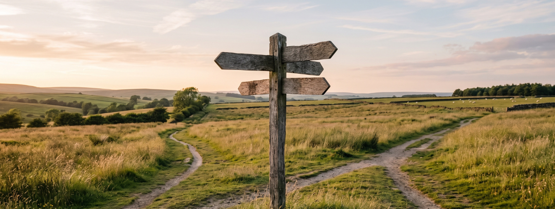A weathered signpost at a rural crossroads, its arms pointing in different directions, all of them blank.