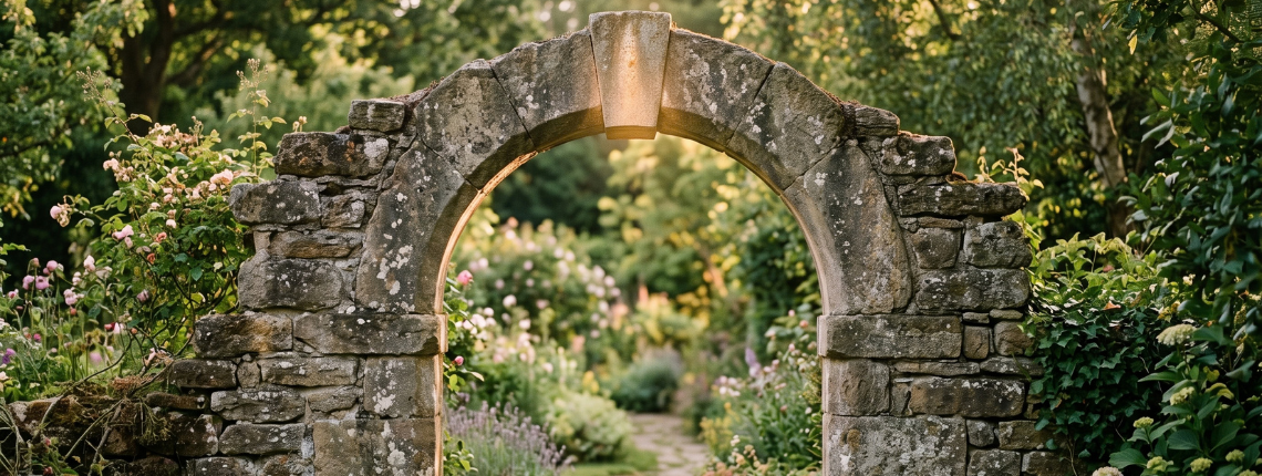 An old stone archway in a garden, its keystone lit by the afternoon sun.