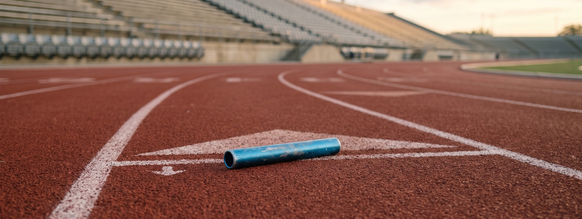 A relay baton lying dropped on an empty running track.