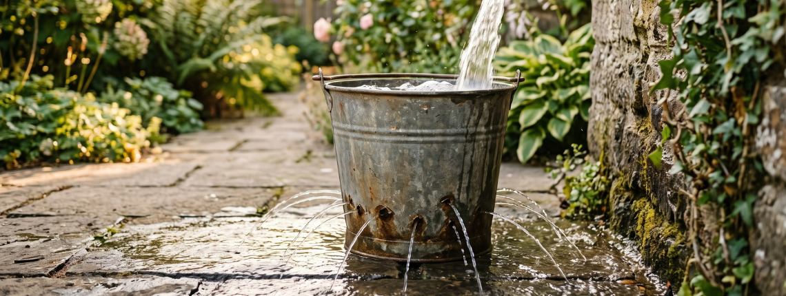 A leaking bucket under a garden tap running at full force, with water spraying from holes near its base.