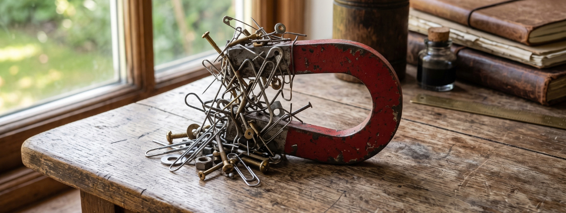An old red horseshoe magnet on a desk, covered in a tangle of paperclips, pins and screws.