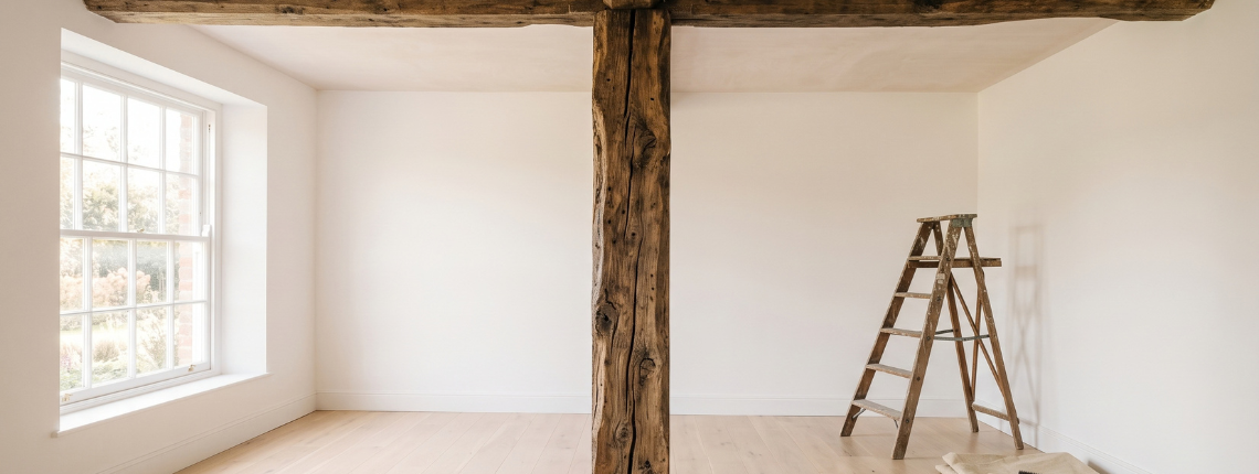 A renovated room with fresh white walls, and one old timber post in the middle still holding up the ceiling beam.