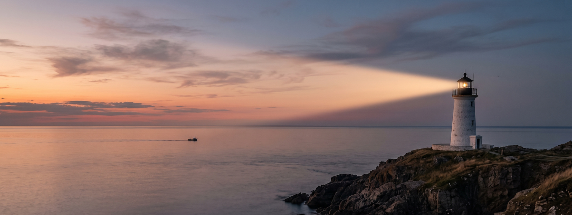 A lighthouse at dusk shining across a calm, empty sea, with a small boat on the horizon turning towards the light.