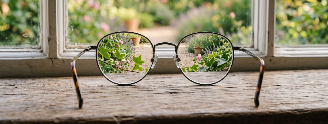 Reading glasses on a windowsill, with the blurred garden outside appearing sharp through the lenses.