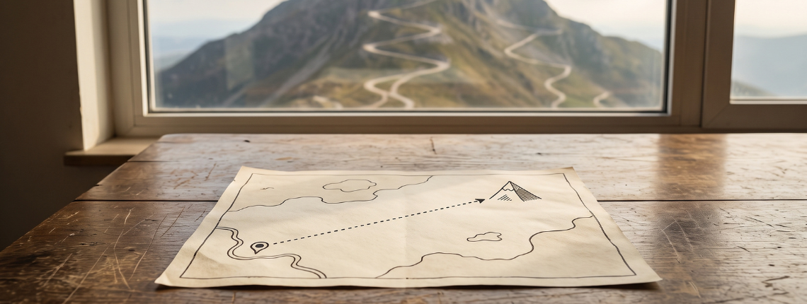 A hand-drawn map showing a straight path to a mountain, with the real winding trail visible through the window behind it.