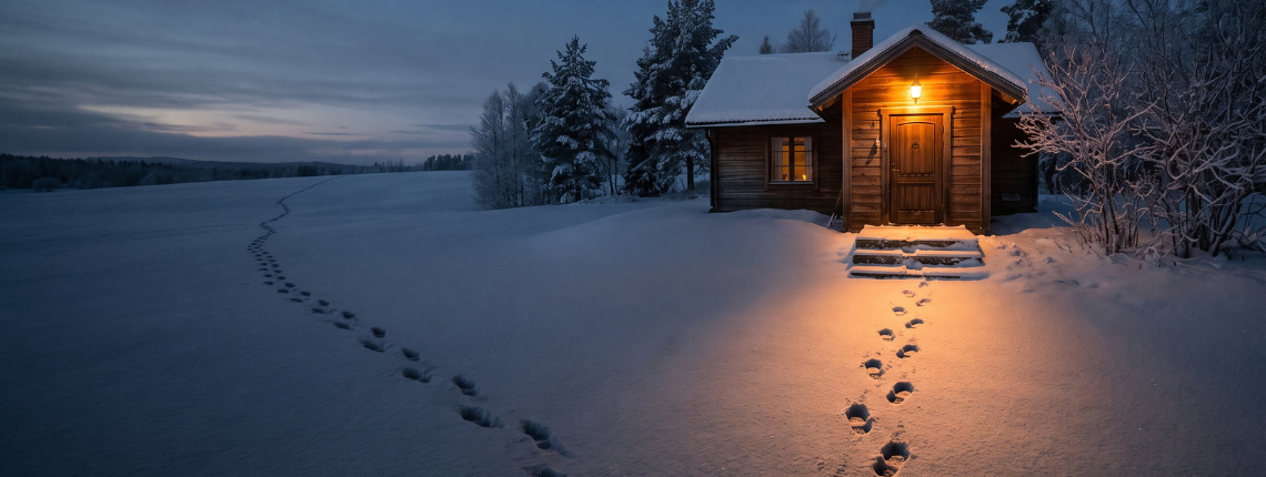 Footprints crossing a snowy field at dusk to a cottage door, with only the last few steps lit by the porch light.
