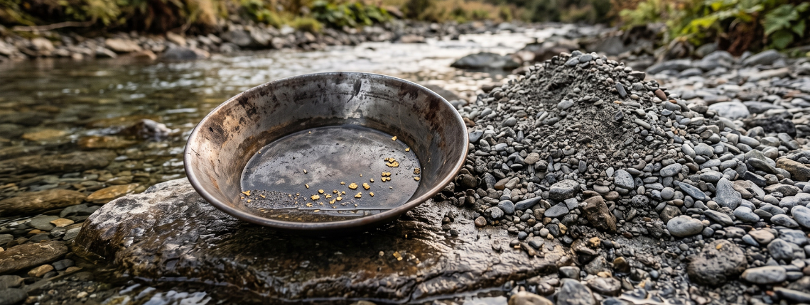 A gold-panning pan on a rock by a stream, with a few gold flakes in it beside a large heap of washed gravel.
