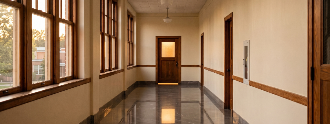An empty school corridor at dusk, with light showing beneath a closed office door at the far end.