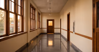 An empty school corridor at dusk, with light showing beneath a closed office door at the far end.