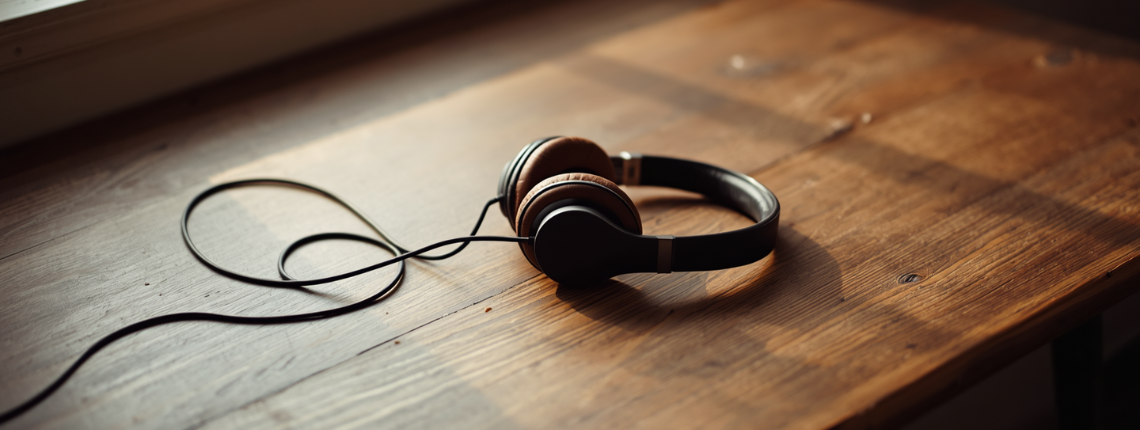 A pair of over-ear headphones resting on a wooden desk, their cable unplugged.