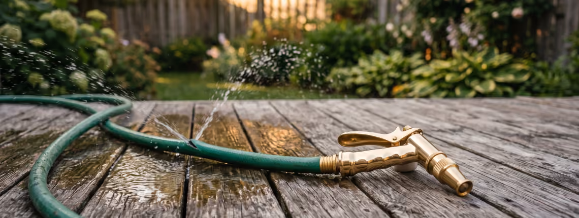 A garden hose with a shiny new nozzle on a wooden deck, water leaking from a split further back along the hose.