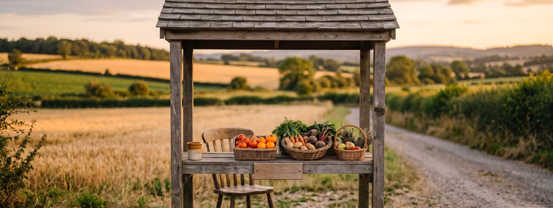 An unattended wooden roadside stall with baskets of produce and an empty chair behind it, in warm evening light.