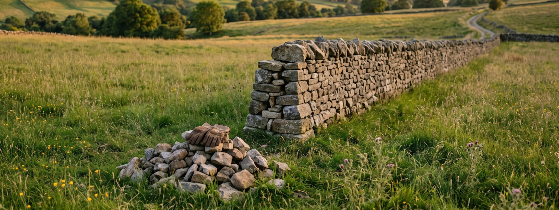 A well-built dry stone wall ending partway across a field, with unused stones and work gloves at the unfinished end, in evening light.