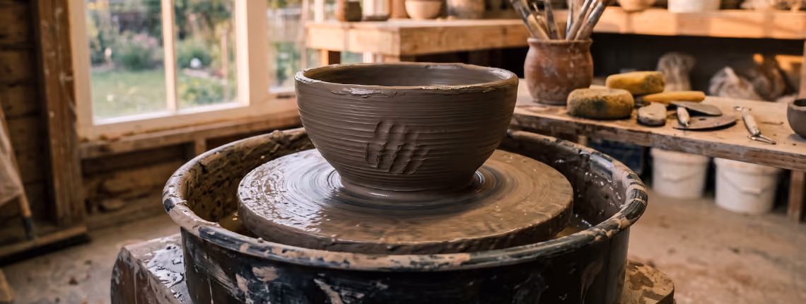 A handmade clay bowl on a potter's wheel, the maker's finger marks visible in the clay, in warm window light.
