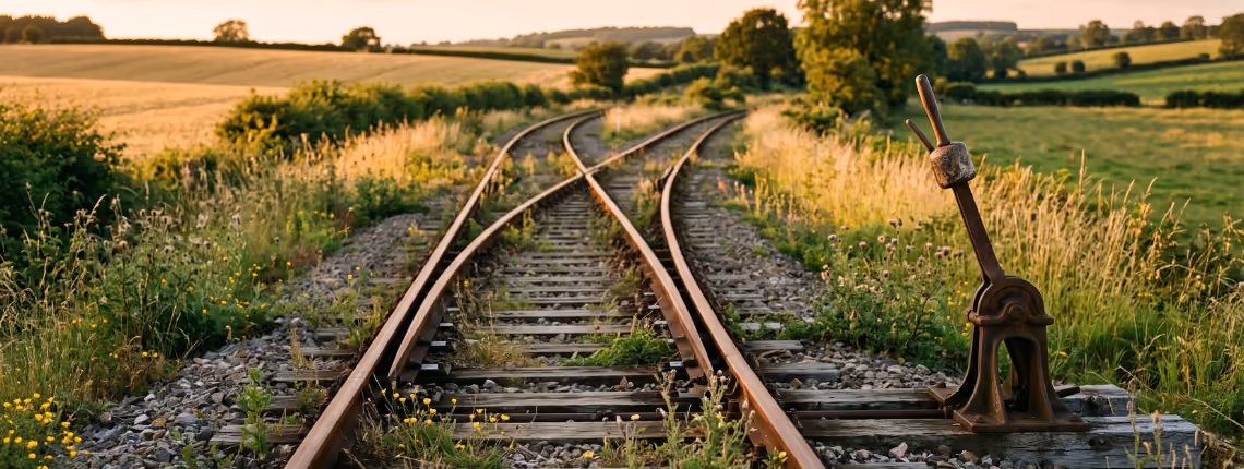 Old railway points on a rural line where one track divides into two, a weathered switch lever beside the rails, in evening light.