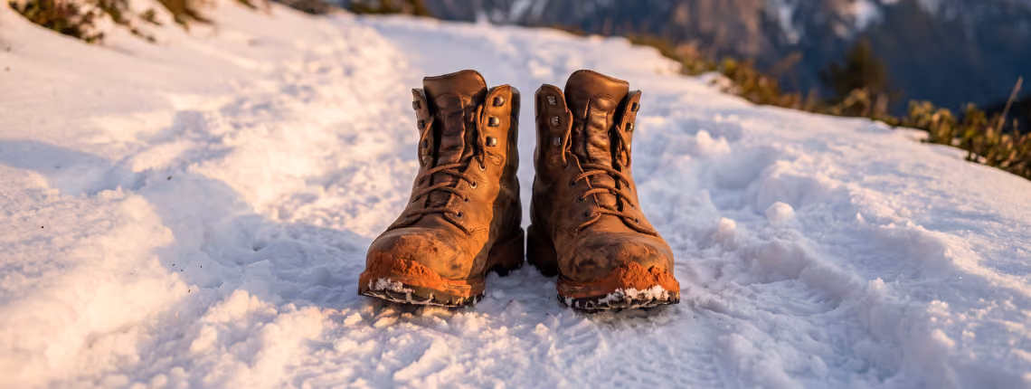 Well-worn leather hiking boots with red desert dust on the toes, standing on a snowy mountain path in warm evening light.