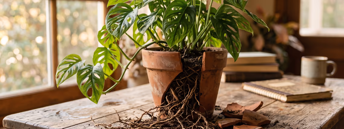 A thriving plant whose roots have cracked open its small terracotta pot, on a weathered wooden desk in warm window light.