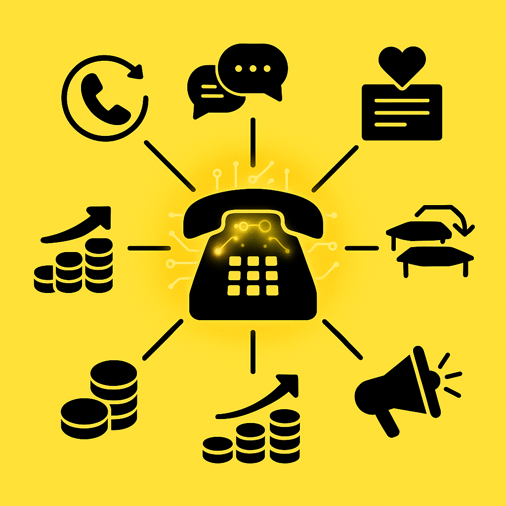 Hub-and-spoke diagram of AI phone system capabilities like 24/7 calls, multilingual support, waitlist, upsells, and