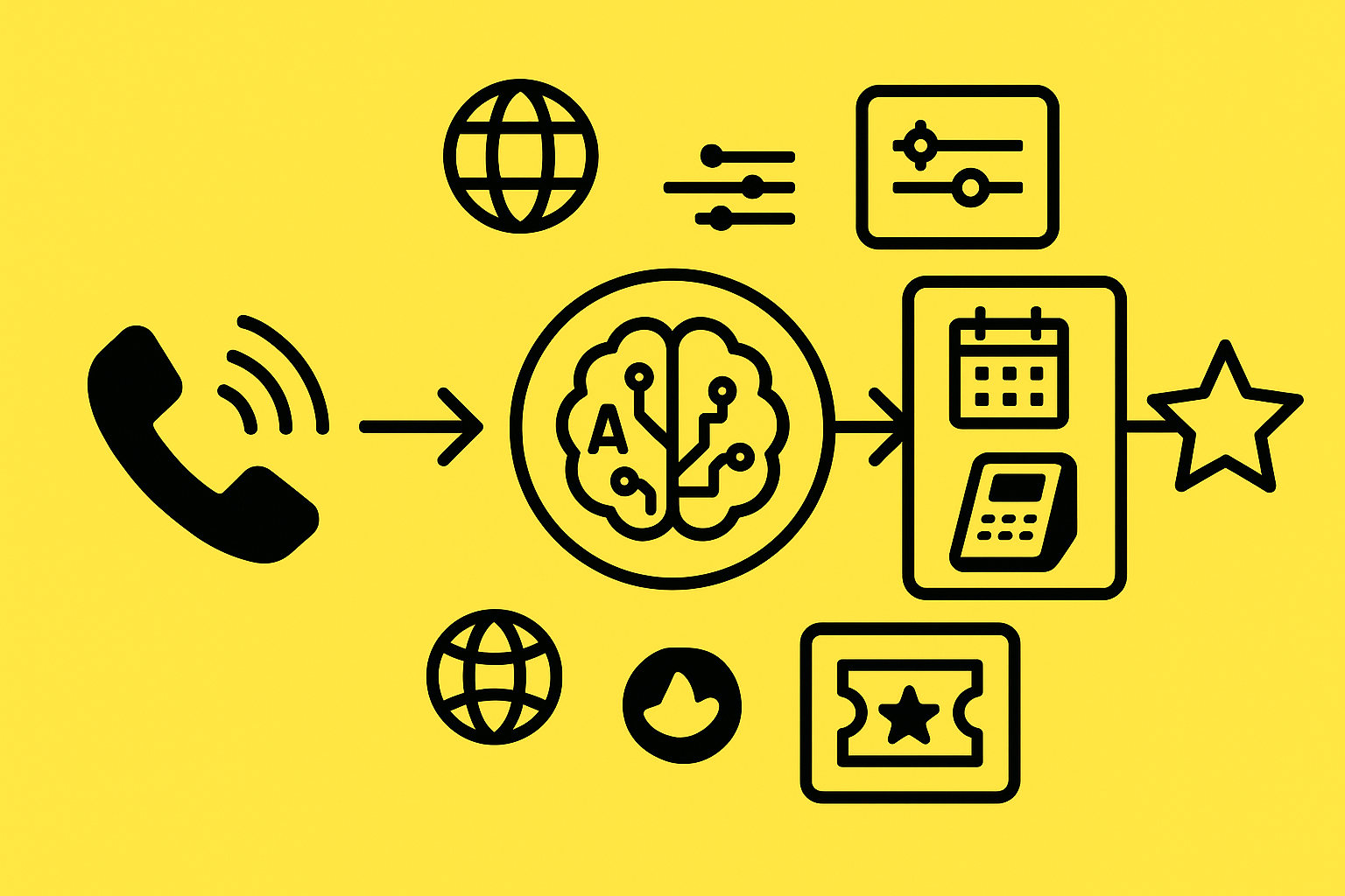 Diagram of calls routed through Hostie AI to reservation, POS, and event systems with multilingual and customization