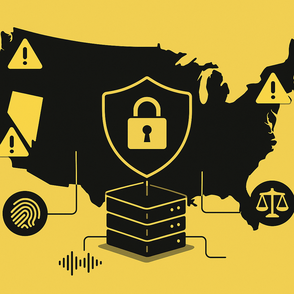 US map with highlighted states and central shield over servers, conveying AI data privacy and compliance risks.