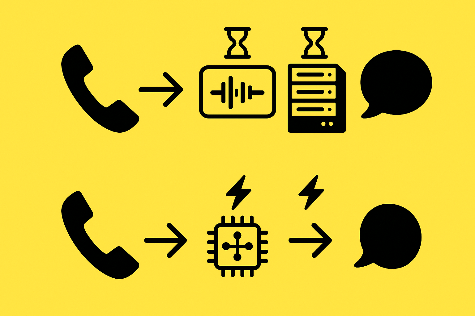 Flow diagram contrasting legacy multi-step IVR processing with streamlined direct-audio AI pipeline.