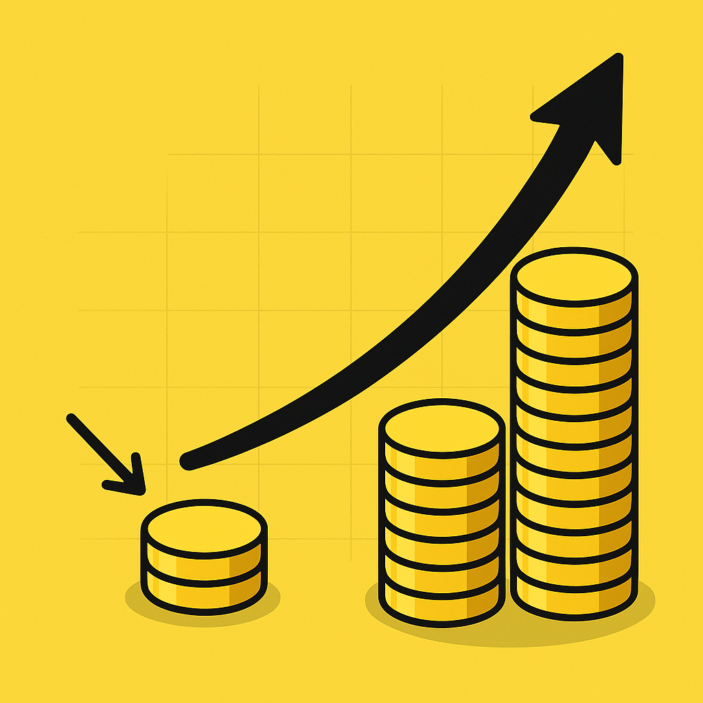 Diagram with small investment stack versus large coin stack and rising arrow showing strong ROI growth