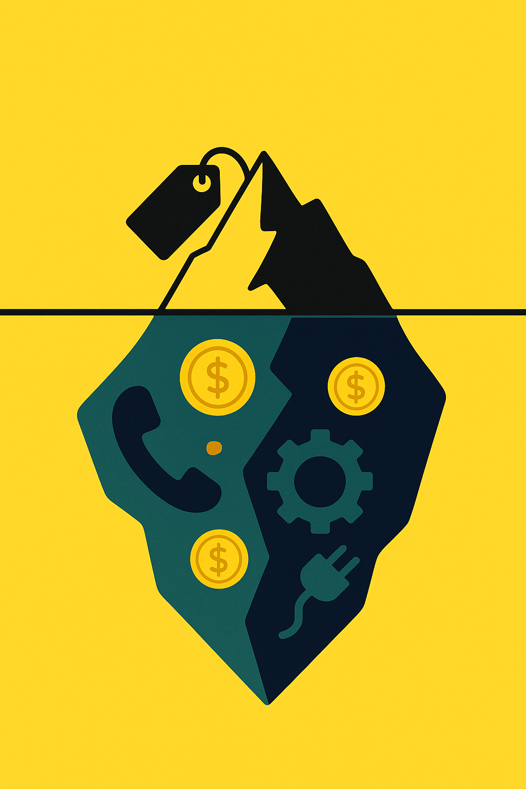 Iceberg metaphor of small visible sticker price above water and large hidden costs below the surface