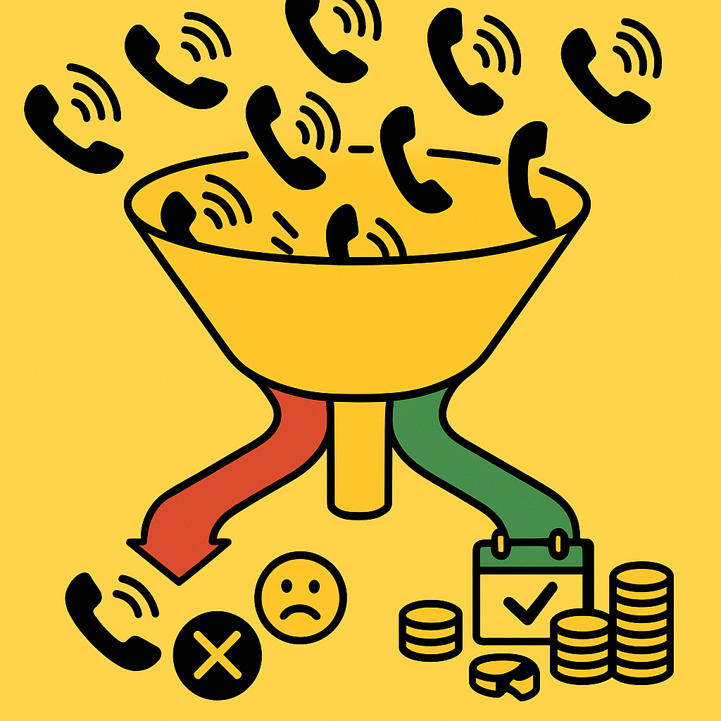 Funnel diagram of incoming calls splitting into answered revenue and missed calls lost due to language barriers.
