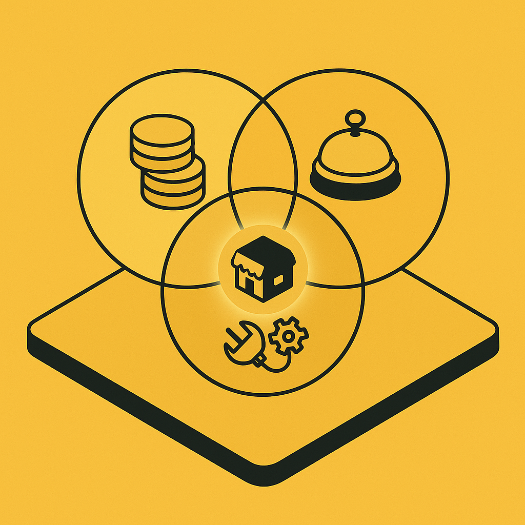 Venn diagram of cost, guest experience, and integration icons converging on ideal AI host