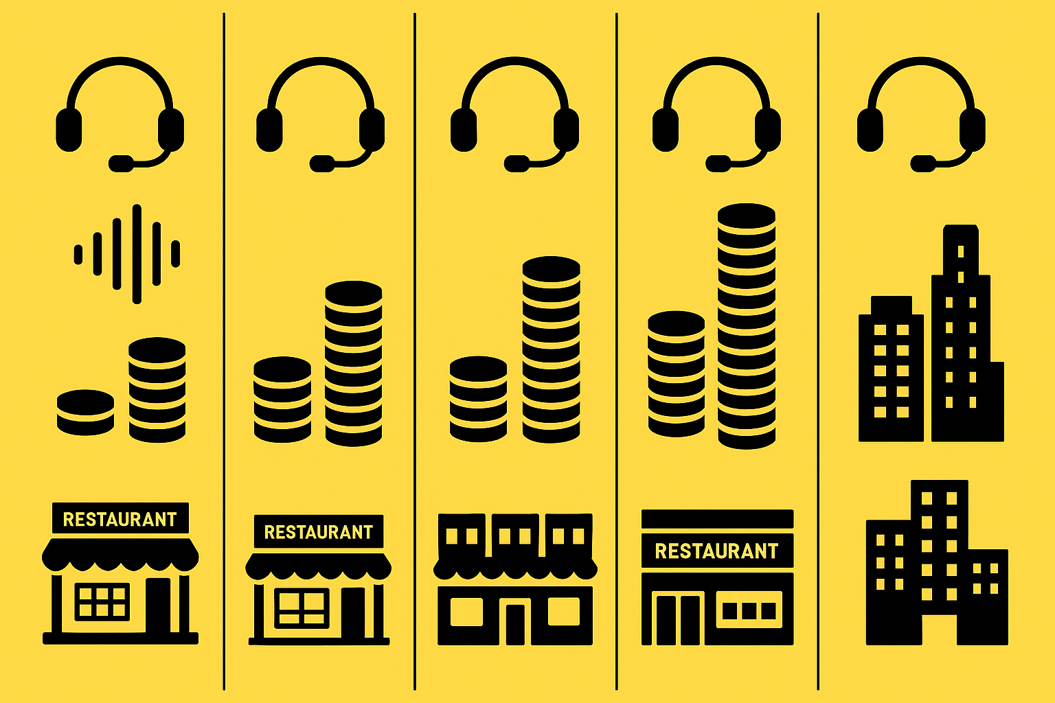 Icon chart comparing five AI hosts by relative price and target restaurant scale