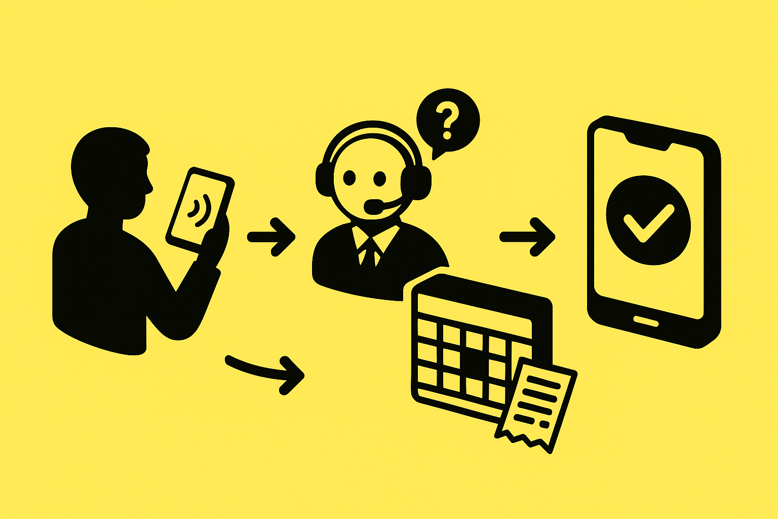 Four-step call flow showing diner call, AI host handling, reservation entry, and instant confirmation.