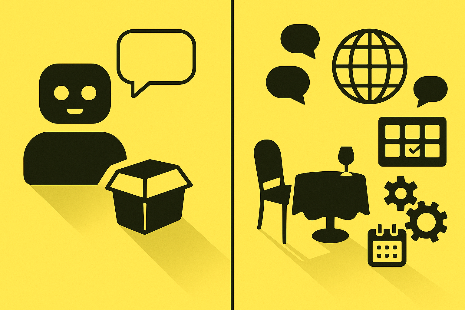 Vector split-screen contrasting generic chatbots with multilingual, seating-aware fine-dining AI capabilities.