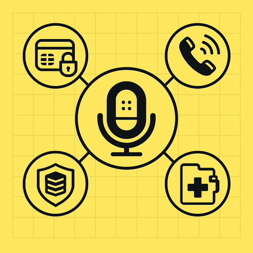 Quadrant diagram linking AI phone host to PCI, TCPA, SOC 2, and HIPAA regulatory icons