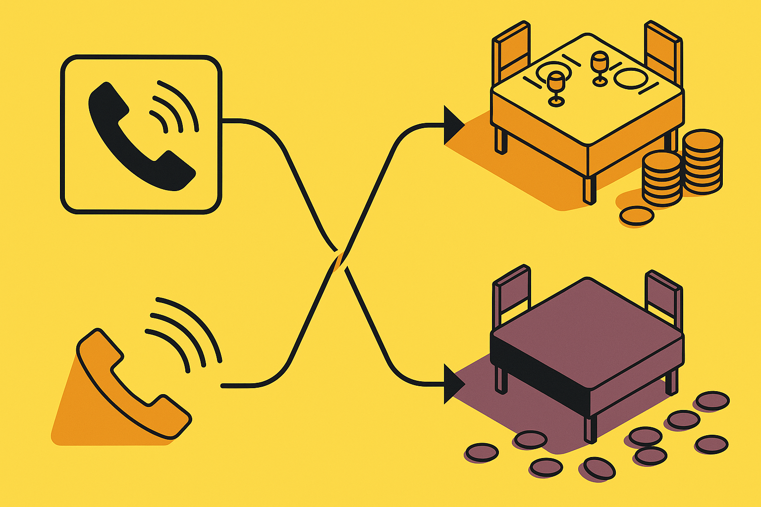 Illustration splitting restaurant calls into revenue versus lost revenue outcome