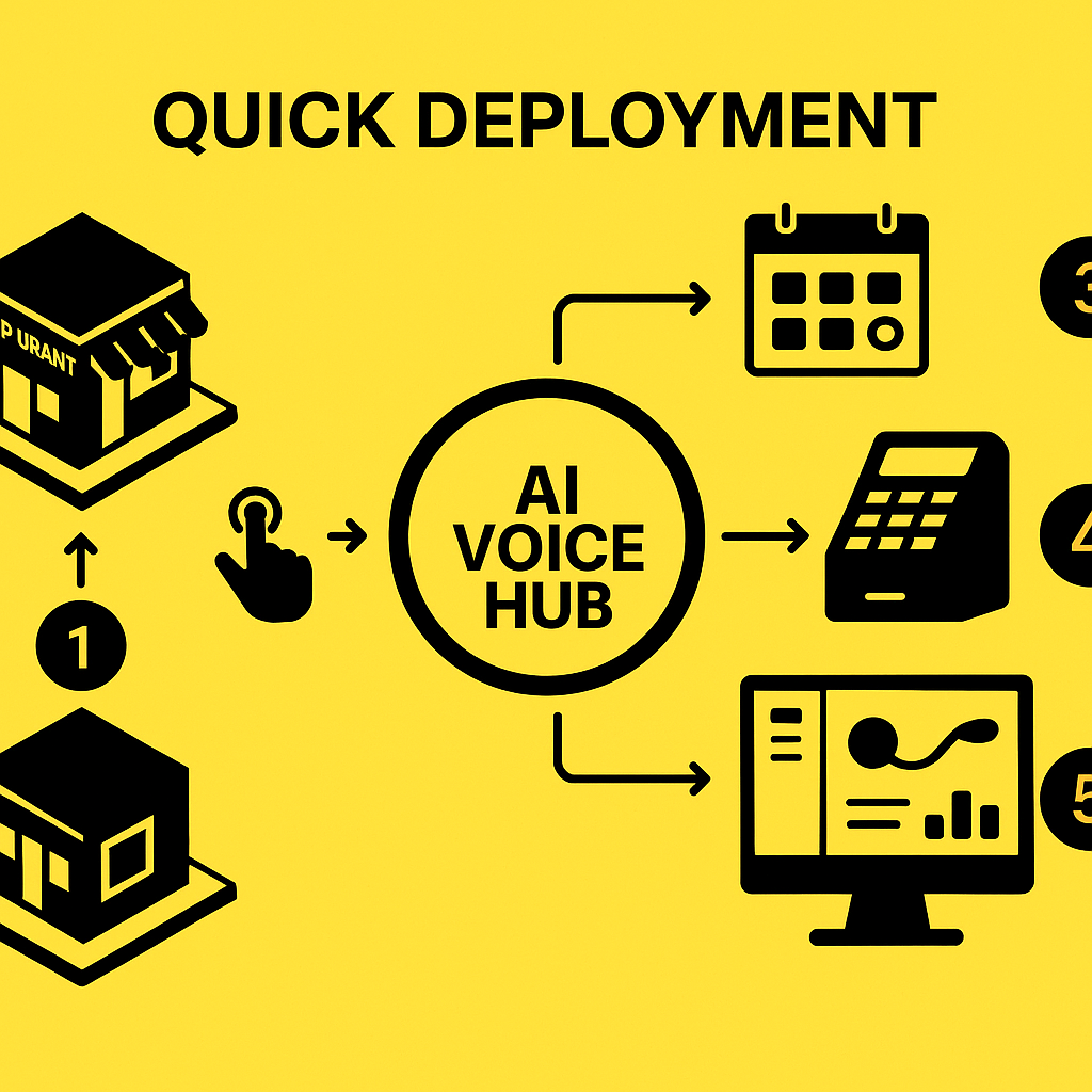 Isometric hub-and-spoke diagram of AI voice hub linking to reservation system, POS, guests, and manager dashboard