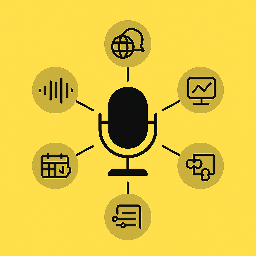 Pentagon diagram linking AI host assistant to voice quality, multilingual, integrations, live dashboards, and customiz
