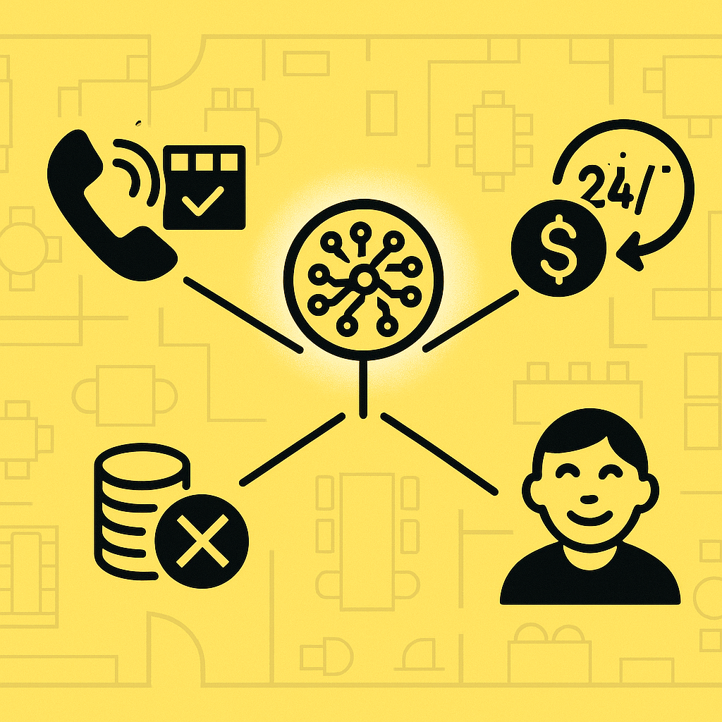 AI core linked to icons for revenue capture, cost savings, and guest satisfaction in a restaurant context