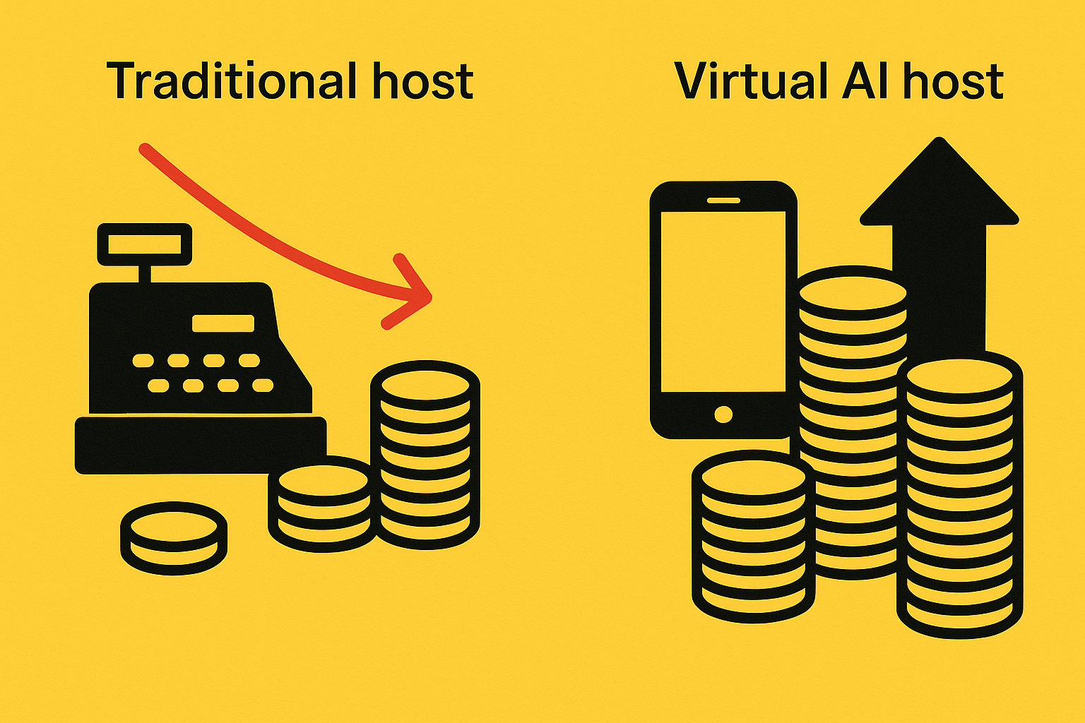 Coin stacks and arrows contrasting high costs of human host with high savings from AI host