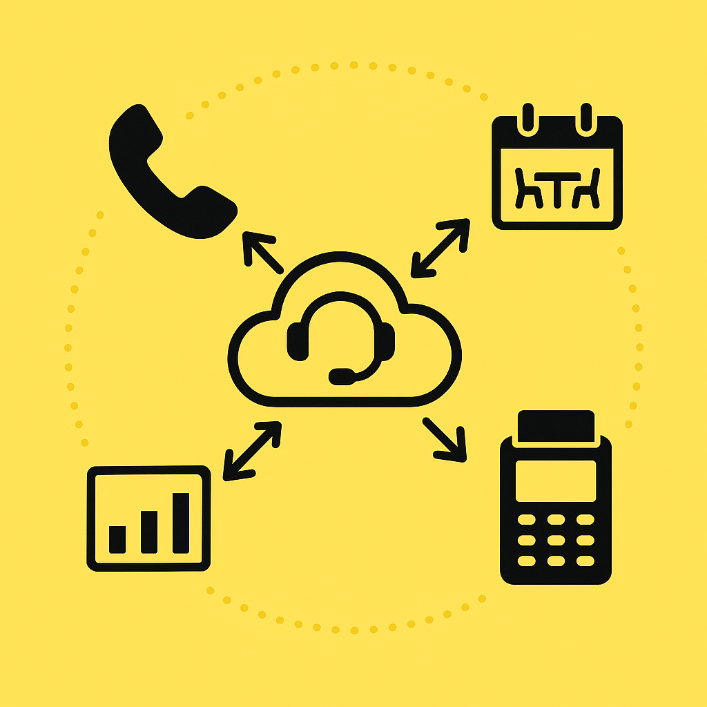 Hub-and-spoke diagram of AI virtual host linking callers, OpenTable, Toast POS, and analytics