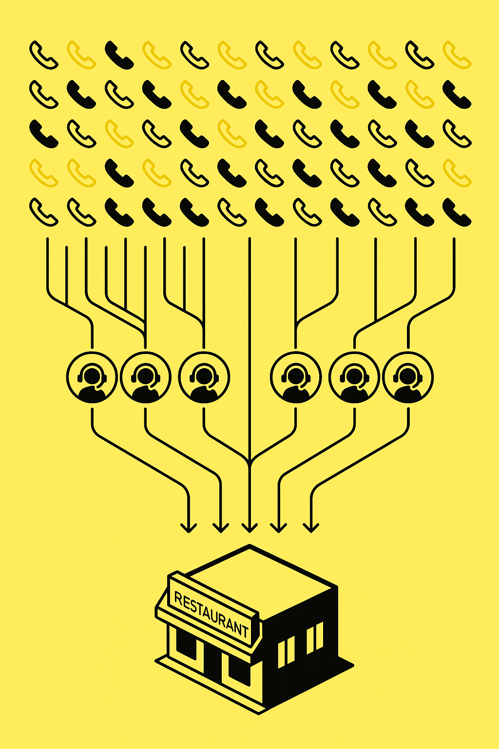 Isometric diagram of five cloud AI agents each routing 50 caller icons to a restaurant system