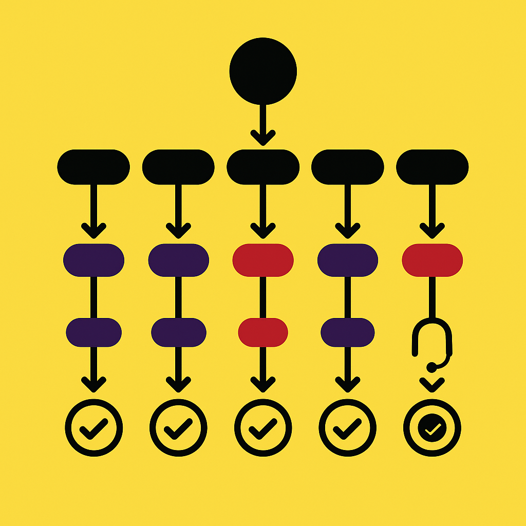 Flowchart with five IVR options, three sub-options each, ending in resolution or agent without loops