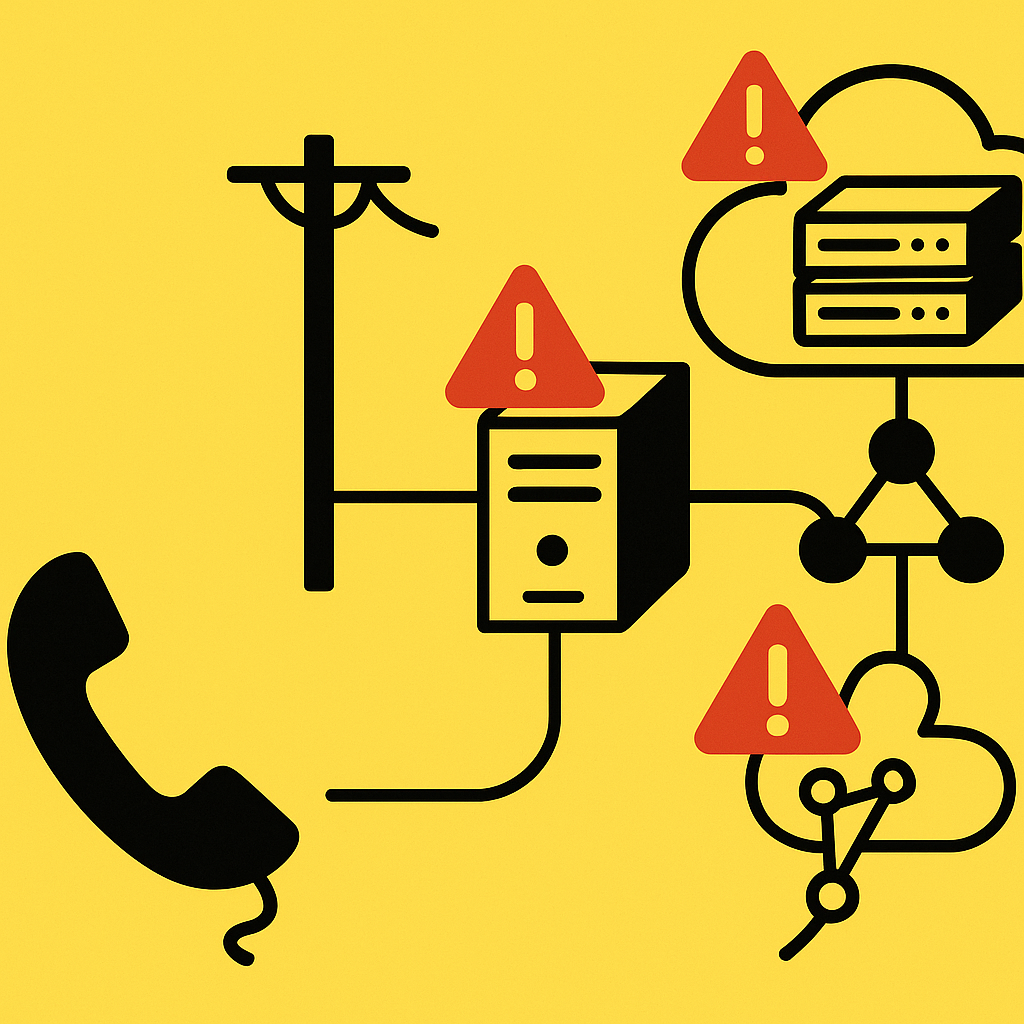 Layered diagram showing phone call flow with outage points at LLM, network, and configuration layers